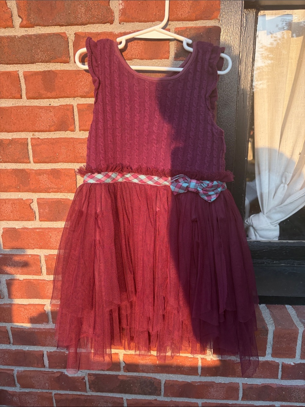 Matilda Jane Burgundy Knit & Tulle Dress with Plaid Belt
